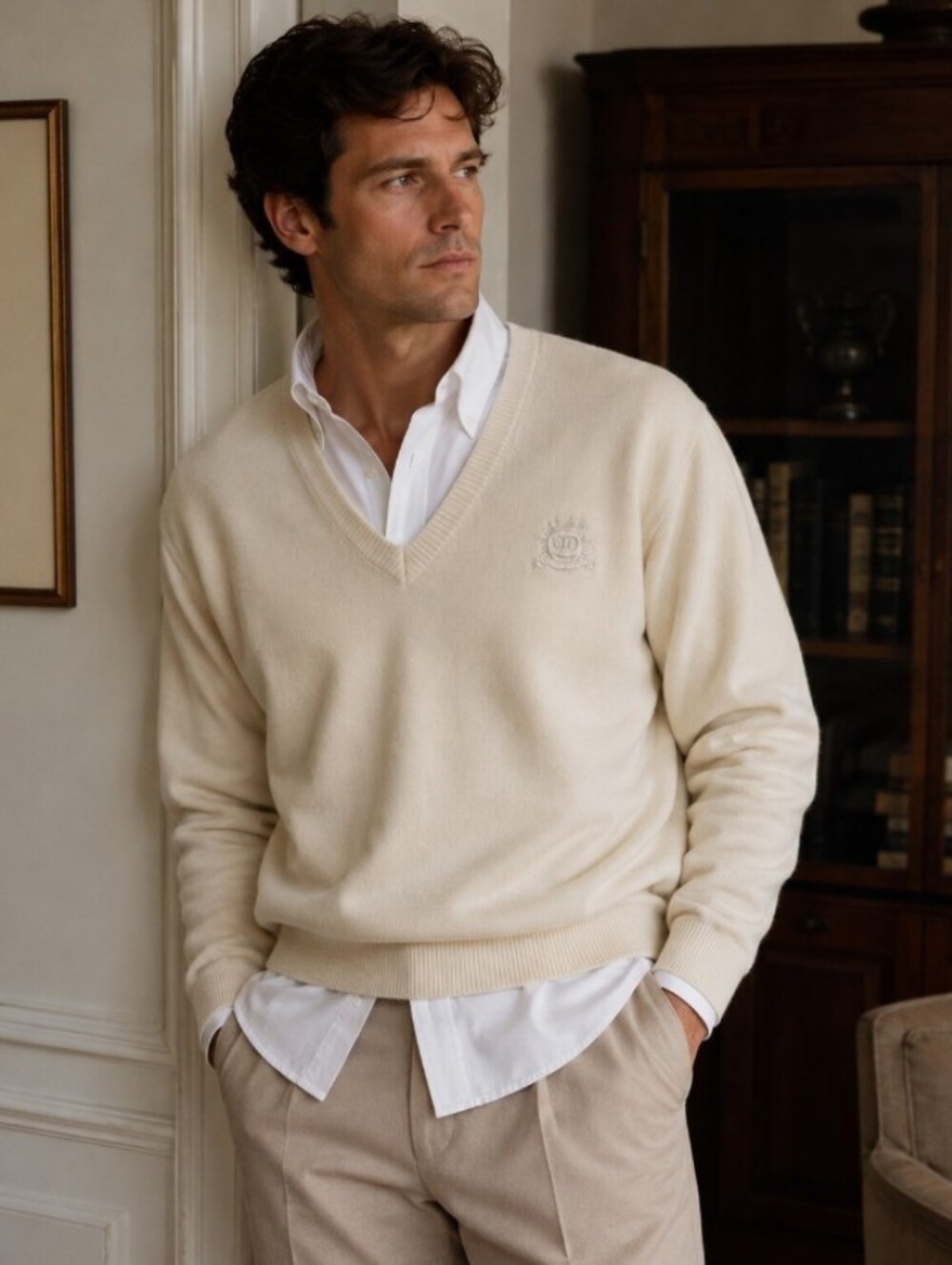 Christian Dior Monsieur Classic Logo Cream Cotton V-Neck Sweater Pullover